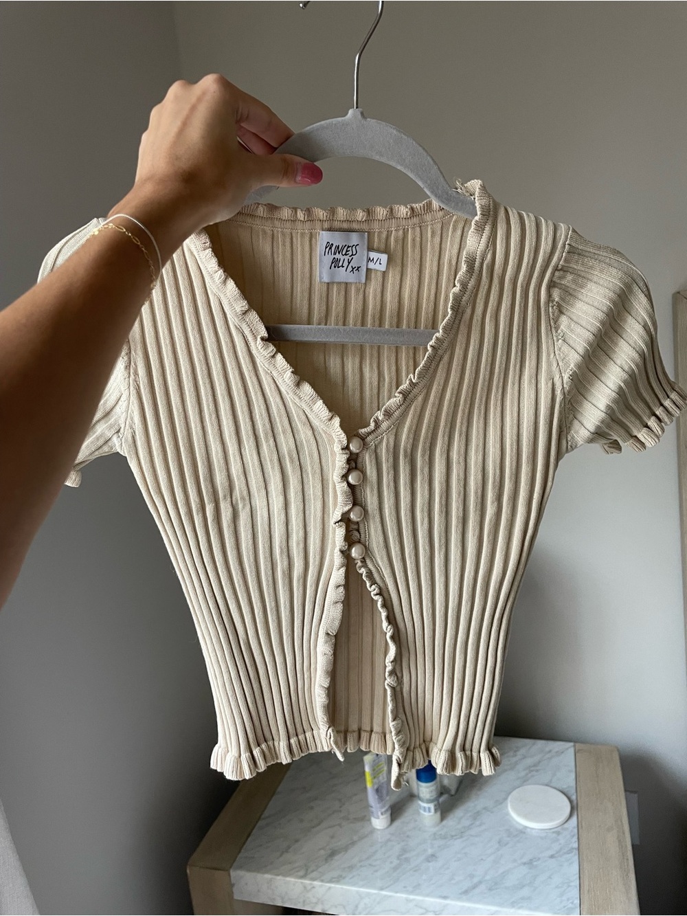 Princess Polly Cream Ribbed Ruffle-Trim Button Crop Top